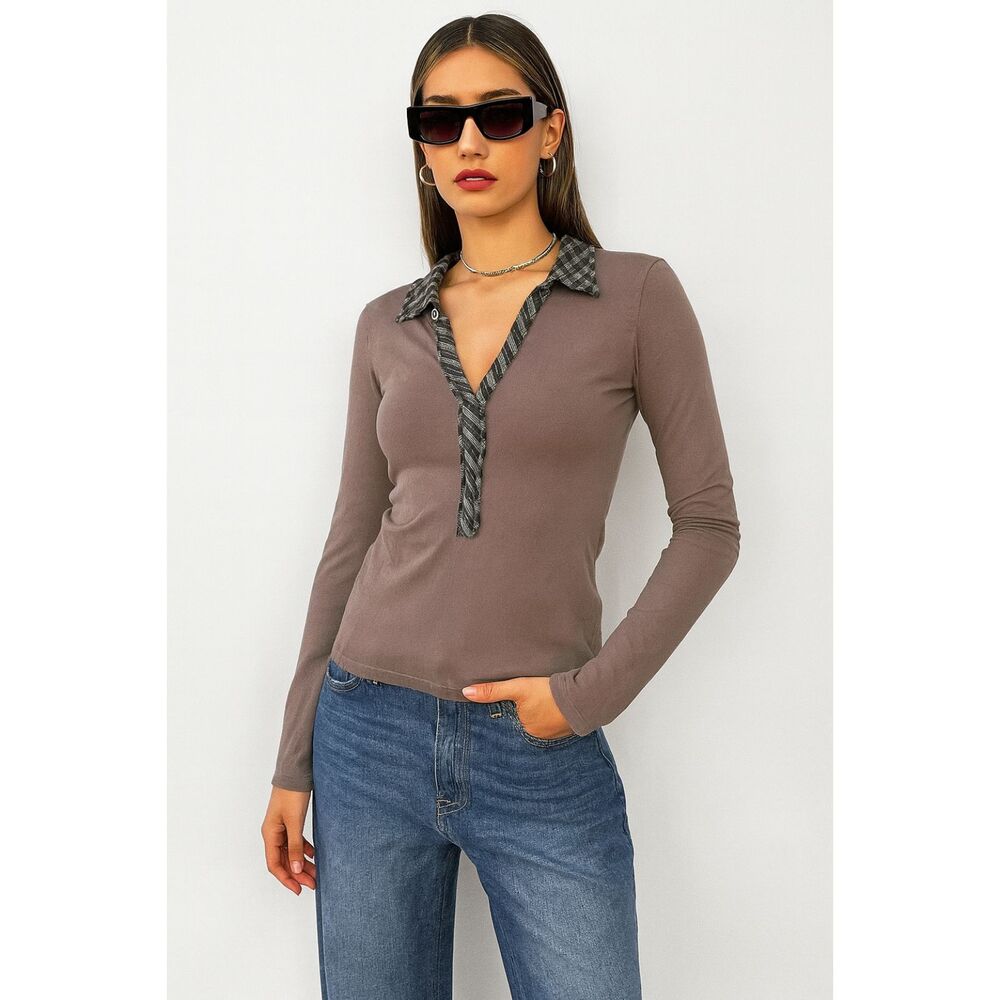 CUSTO BARCELONA Gray Henley Plaid Stitch Collar Y2K Shirt Top Women's Size Small